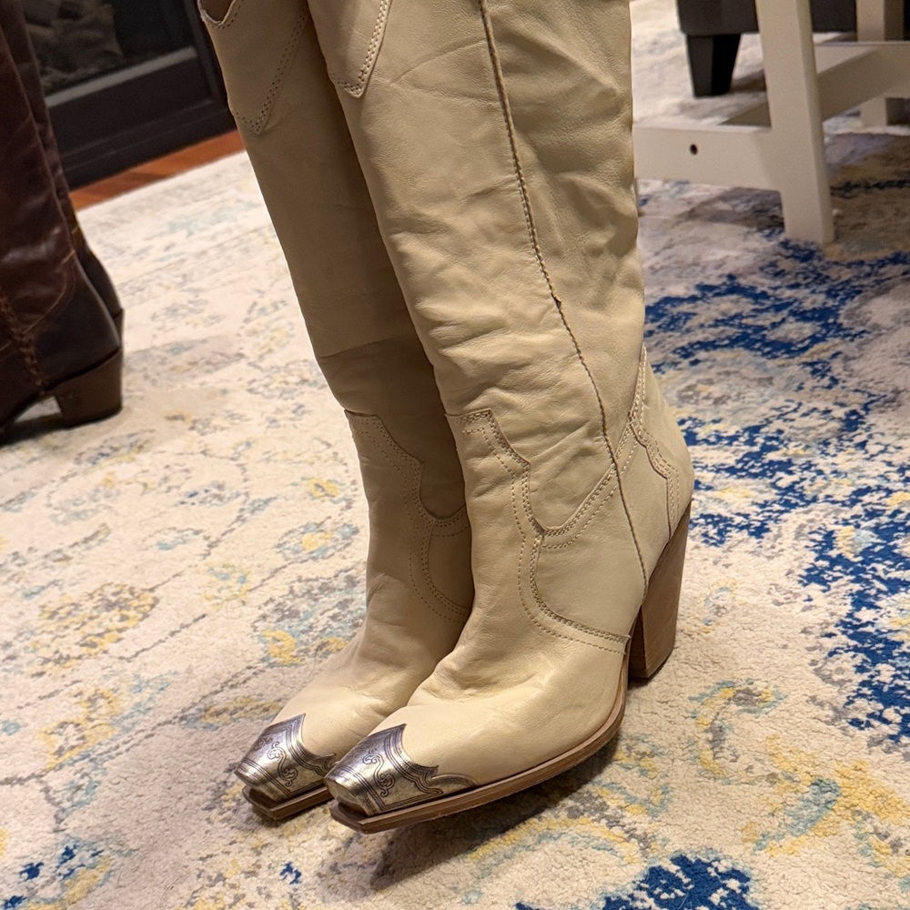 Free People Cream Heeled Boots with Silver Tips